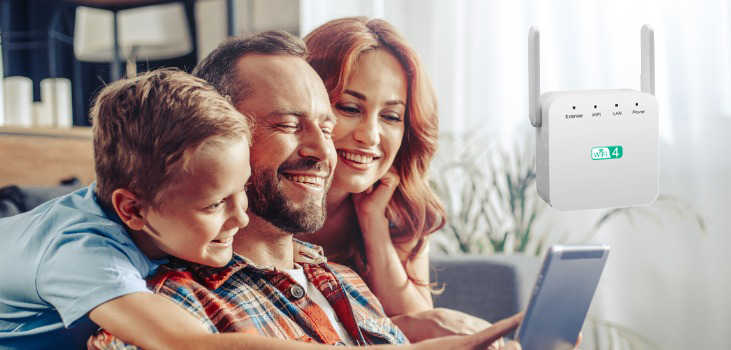 family of three watching something on a laptop